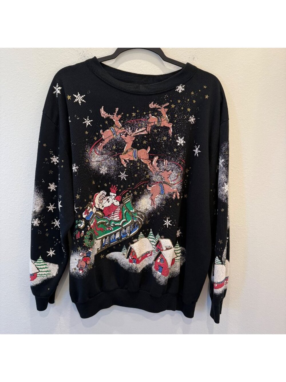 VTG Holiday Time Santa Claus Christmas Womens Sweatshirt Large Santa Reindeer